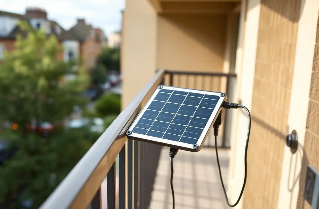 Small plug in solar panel mounted on a UK apartment balcony railing