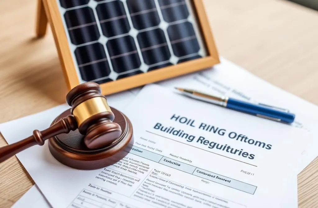 UK building regulations documents and gavel illustrating plug in solar legal compliance